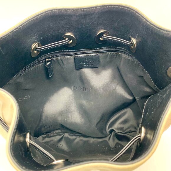 Gucci Beige Nylon and Black Leather Trim Drawstring Shoulder Bag - Picture 10 of 12